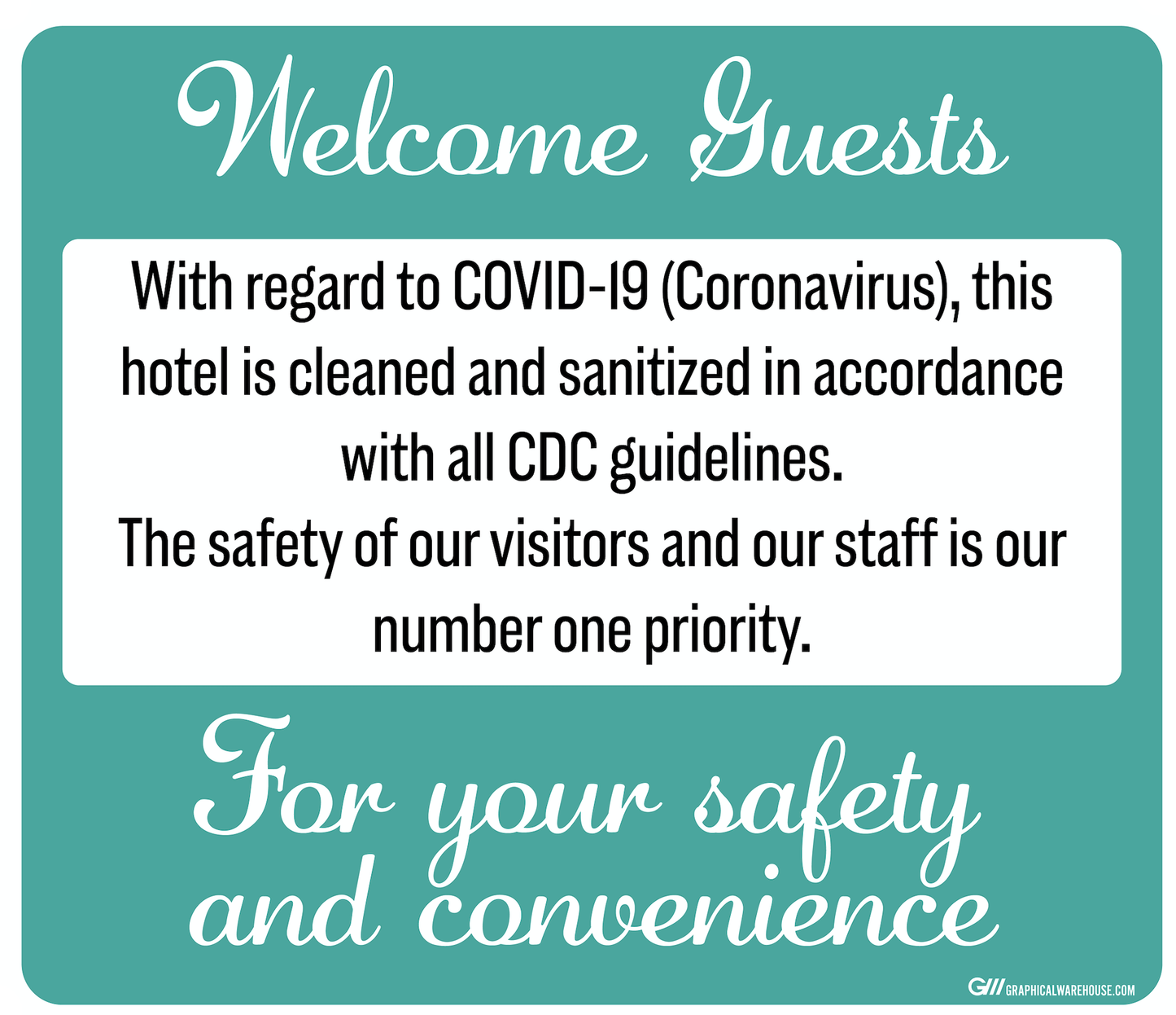 "Hotel Cleaned and Disinfected" Adhesive Durable Vinyl Decal- 14x12”