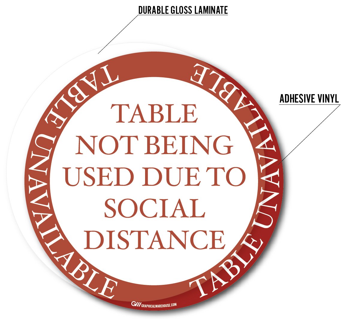 "Table Unavailable Due To Social Distancing" Version 2, Adhesive Durable Gloss Laminated Vinyl Decal- 12x12"