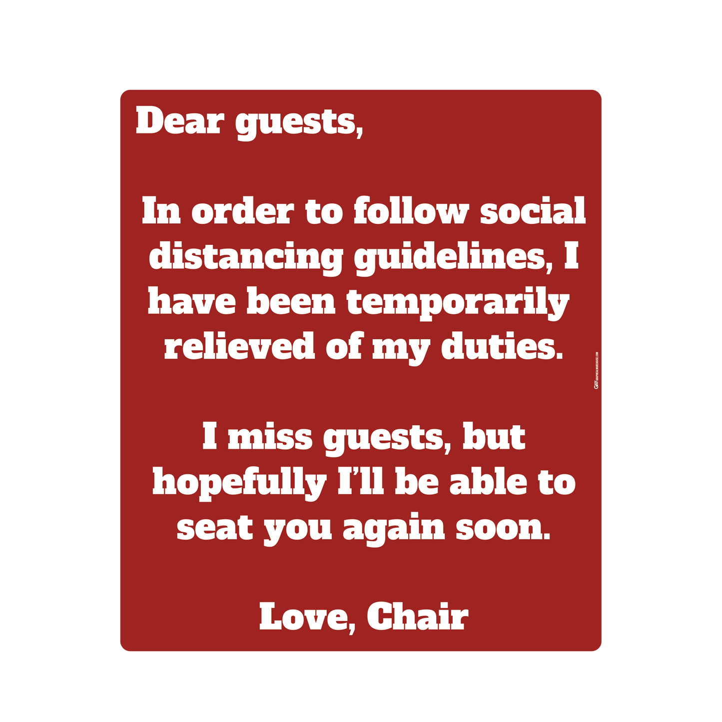 "Dear Guests, Chair Unavailable for Social Distancing" Adhesive Durable Vinyl Decal- Various Sizes/Colors Available