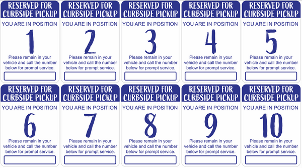 "Curbside Pickup" Sequenced Numbered Spots for Delivery Pickup Customers (includes 4 "Employee Parking" signs) - 12x18" - Various Colors/Fonts Available