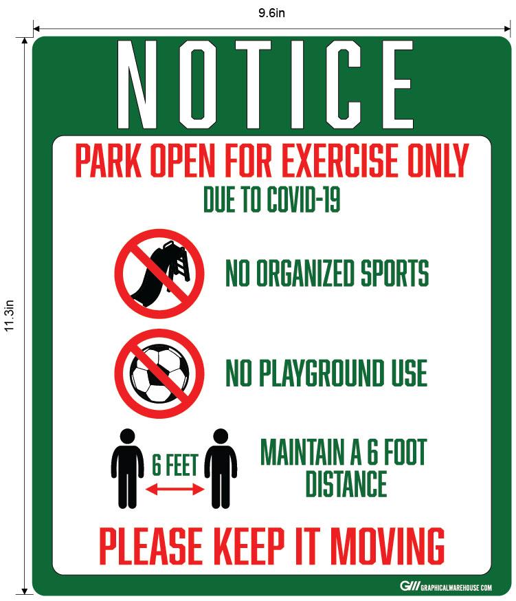 "Notice: Park Open for Exercise Only" Adhesive Durable Vinyl Decal- Various Sizes Available