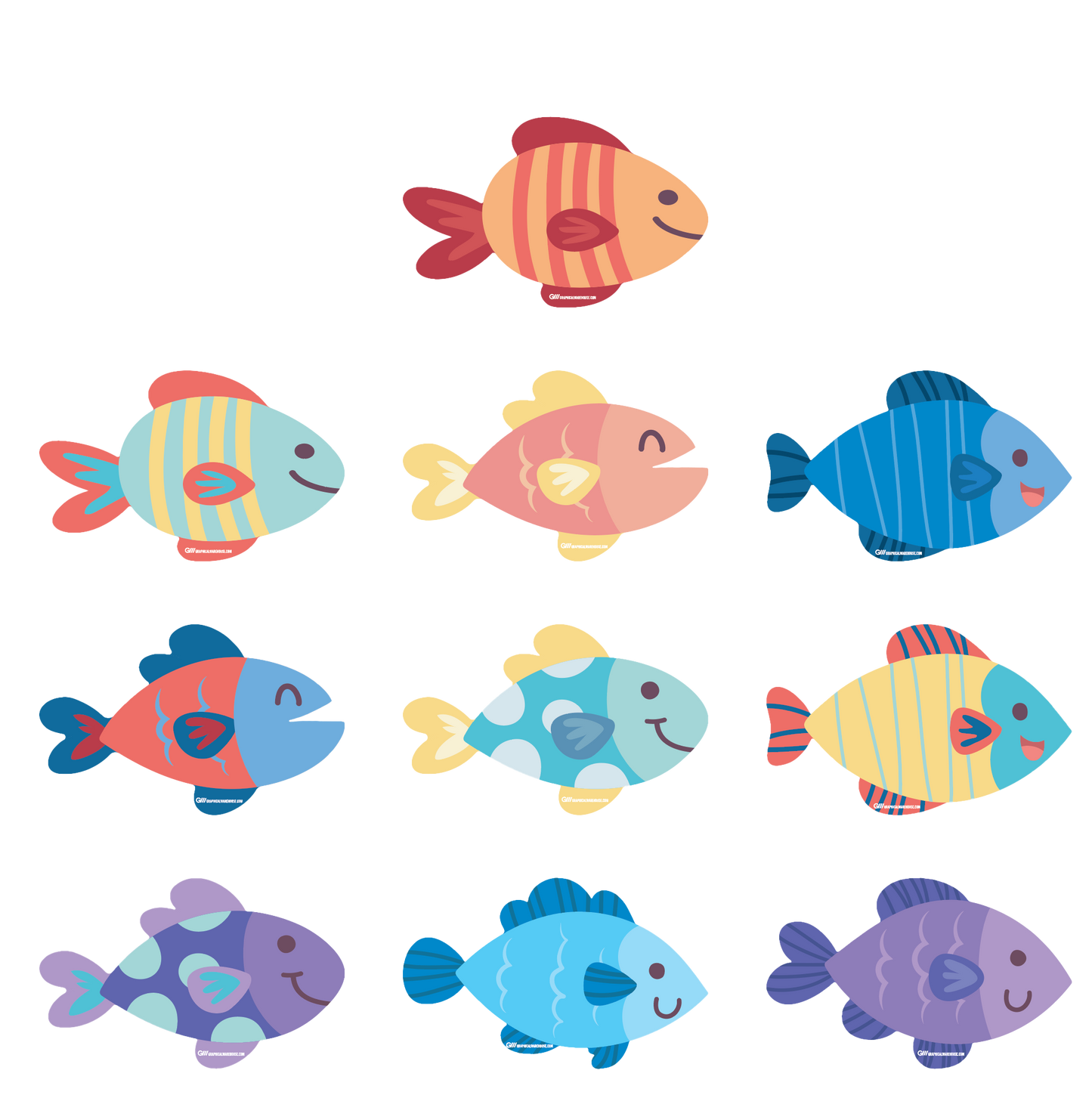 Preschool Social Distancing Floor Place Marker, Fish- Durable Matte Laminated Vinyl Floor Sign, Pack of 10- Various Sizes Available