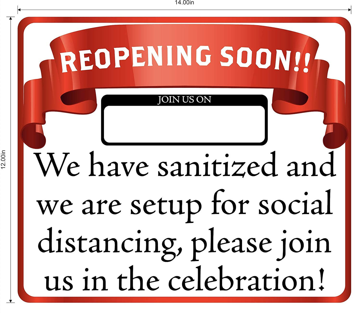 "Reopening Soon" Social Distancing, Adhesive Durable Vinyl Decal- 14x12”