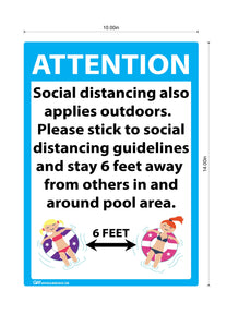 "Attention: Social Distancing at Pool" Adhesive Durable Vinyl Decal- 10x14”
