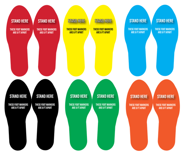 "Stand Here, Foot Markers Are 6 Feet Apart" Social Distancing Footprints, 5 Pair- Durable Matte Laminated Vinyl Floor Sign- 3.5x10"