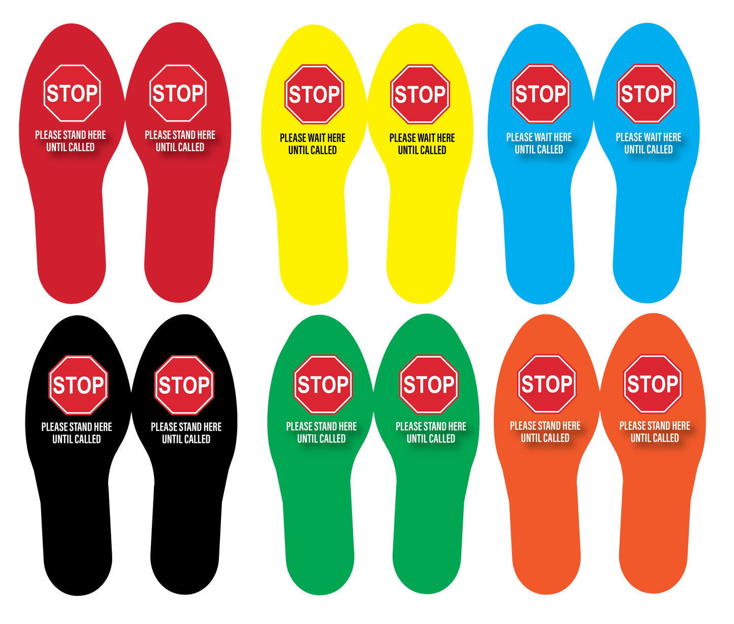 "STOP Stand Here" Social Distancing Footprints, 5 Pairs- Durable Matte Laminated Vinyl Floor Sign- 3.5x10"