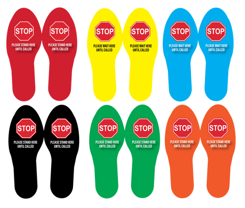 "STOP Stand Here" Social Distancing Footprints, 5 Pairs- Durable Matte Laminated Vinyl Floor Sign- 3.5x10"