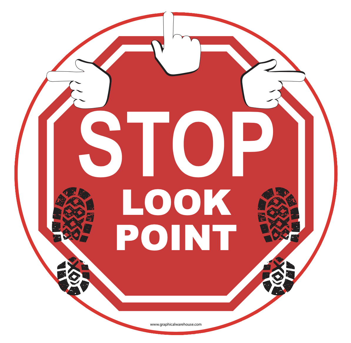 Stop Sign "Look Point" Durable Matte Laminated Vinyl Floor Sign- Various Sizes Available
