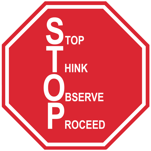 Stop Sign "Stop, Think, Observe, Proceed (S.T.O.P)" Durable Matte Laminated Vinyl Floor Sign- Various Sizes Available