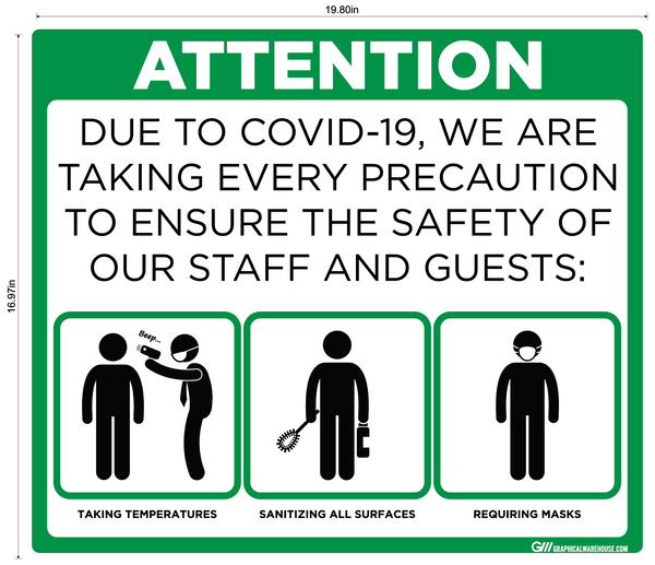 "Taking Precautions to Ensure the Safety of Staff and Guests" Adhesive Durable Vinyl Decal- Various Sizes/Colors Available