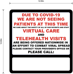 "Virtual Care, Telehealth Visits Available" Adhesive Durable Vinyl Decal- 12x12"