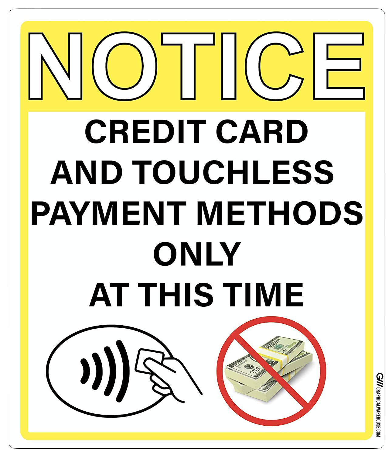 "Notice: Credit Card and Touchless Payments Only" Adhesive Durable Vinyl Decal- Various Colors Available- 12x14"