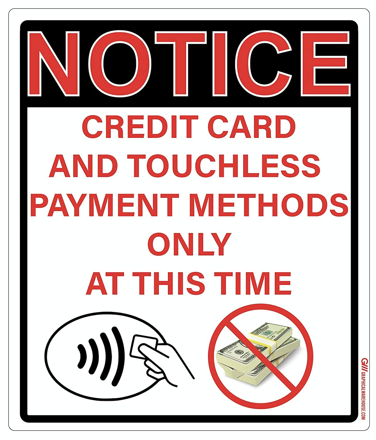 "Notice: Credit Card and Touchless Payments Only" Adhesive Durable Vinyl Decal- Various Colors Available- 12x14"