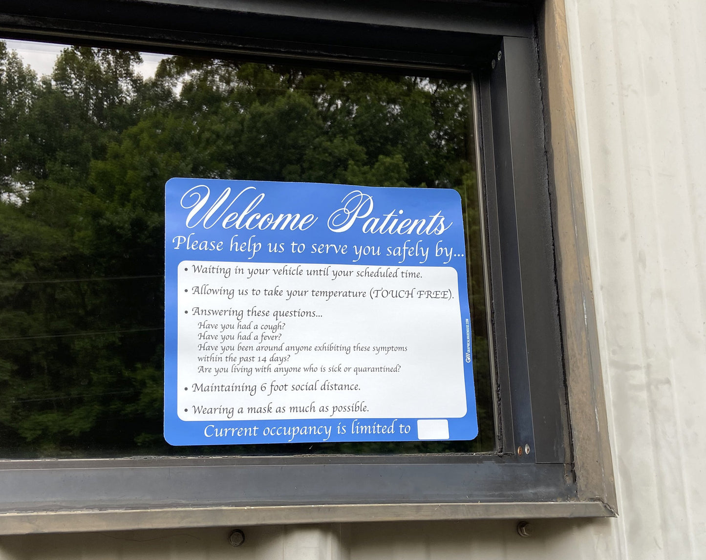 "Welcome Patients, Help Us Serve You Safely" Adhesive Durable Vinyl Decal- 14x12”