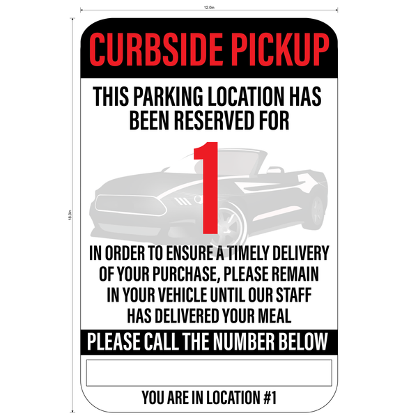 "Curbside Pickup" Sequenced Numbered Spots for Delivery Pickup Customers (includes 4 "Employee Parking" signs) - 12x18" - Various Colors/Fonts Available