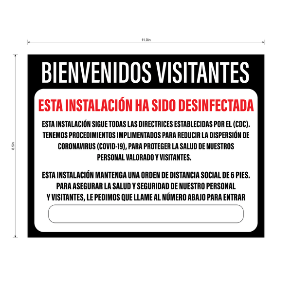 "Facility Disinfected" Adhesive Durable Vinyl Decal- Available in English and Spanish- 11x8.5"