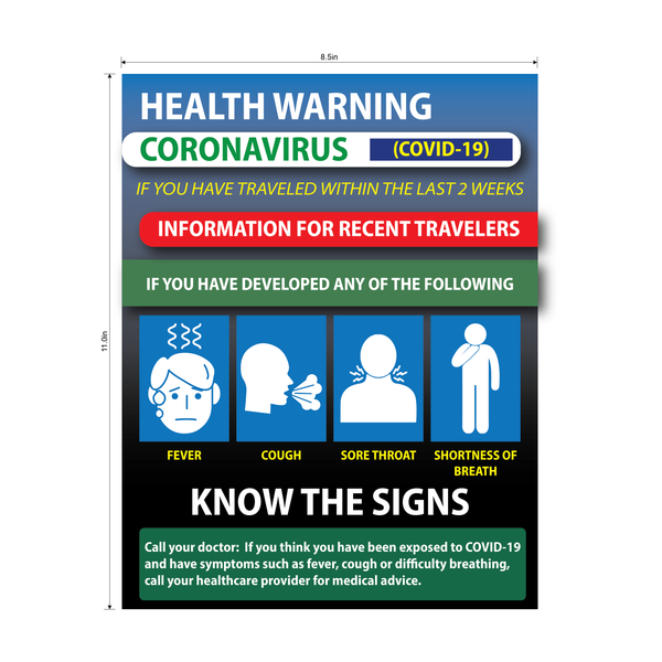 "Health Warning, Information for Recent Travelers" Adhesive Durable Vinyl Decal- 8.5x11”