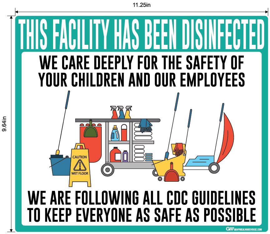 "Facility Disinfected for the Safety of your Children" Version 2- Adhesive Durable Vinyl Decal- Various Sizes/Colors Available