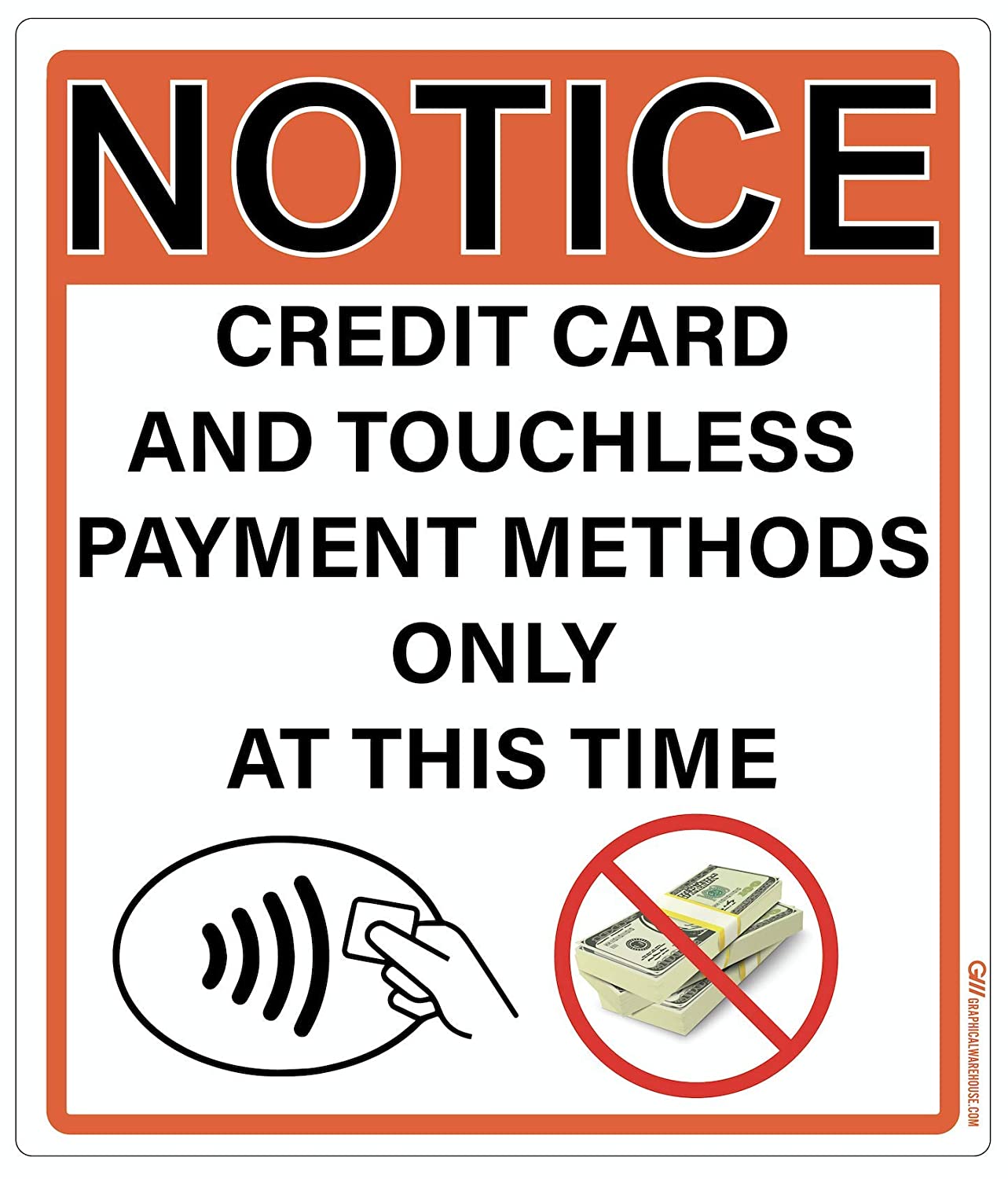 "Notice: Credit Card and Touchless Payments Only" Adhesive Durable Vinyl Decal- Various Colors Available- 12x14"